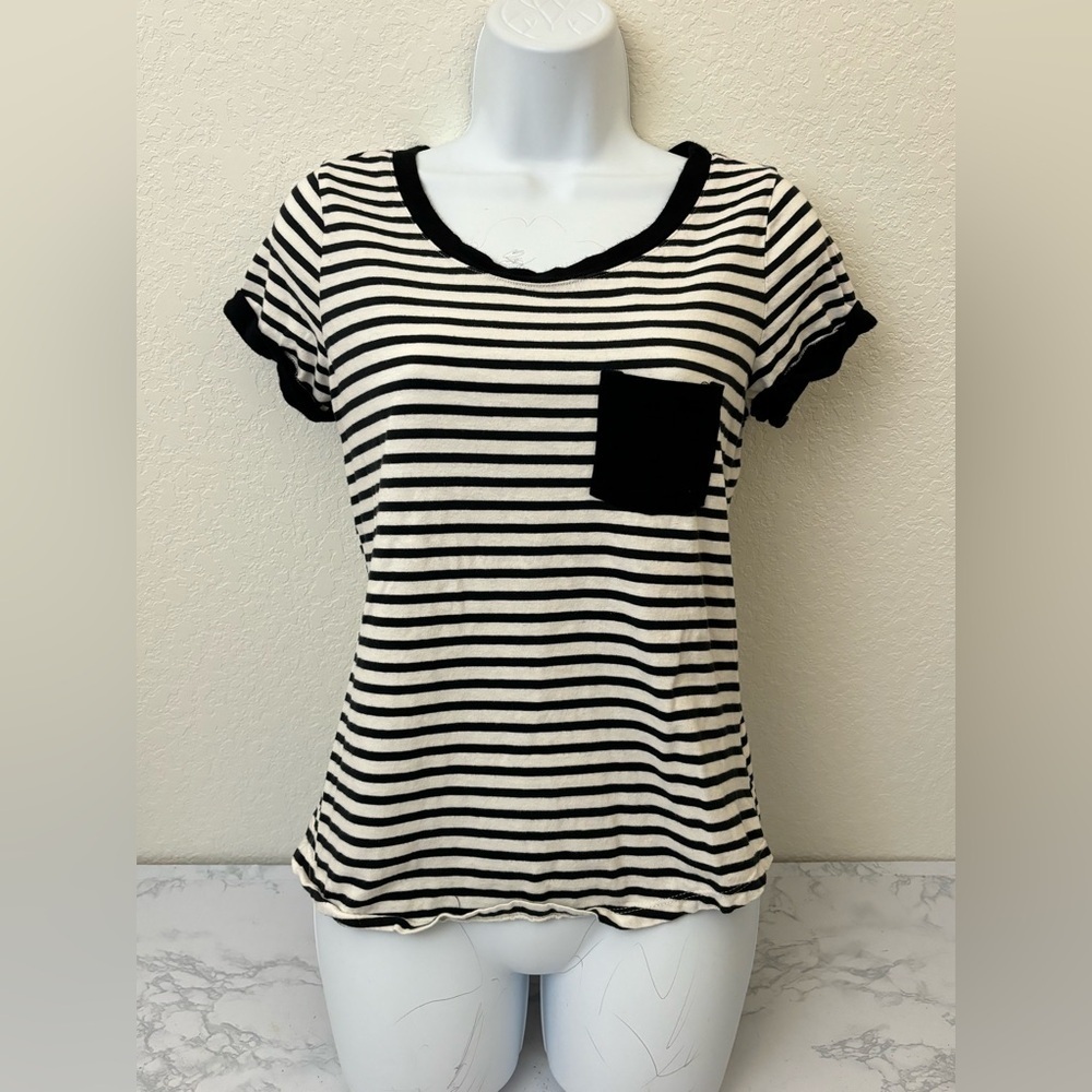 Always Indigo Black White Short Sleeve Round Neck Pullover Shirt Womens S Tee C2